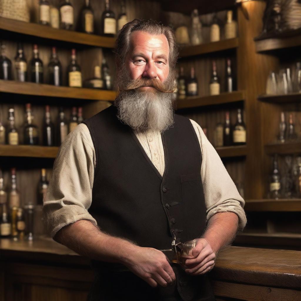 A human male tavern owner with a rather long and scruffy black stick with a lock beard and a helpful face