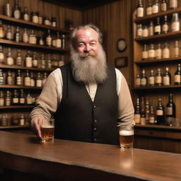 A human male tavern owner with a rather long and scruffy black stick with a lock beard and a helpful face