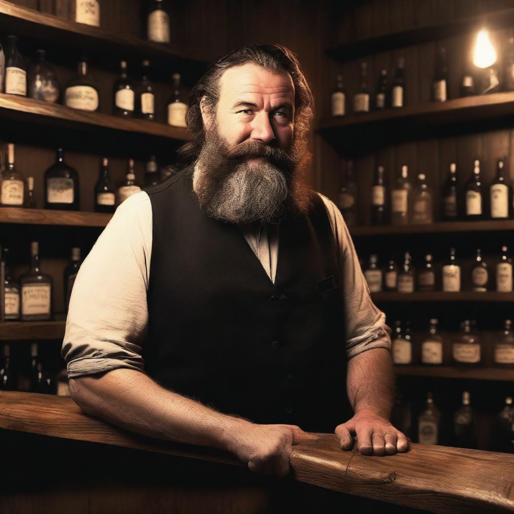 A human male tavern owner with a rather long and scruffy black stick with a lock beard and a helpful face