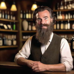 A human male tavern owner with a rather long and scruffy black stick with a lock beard and a helpful face