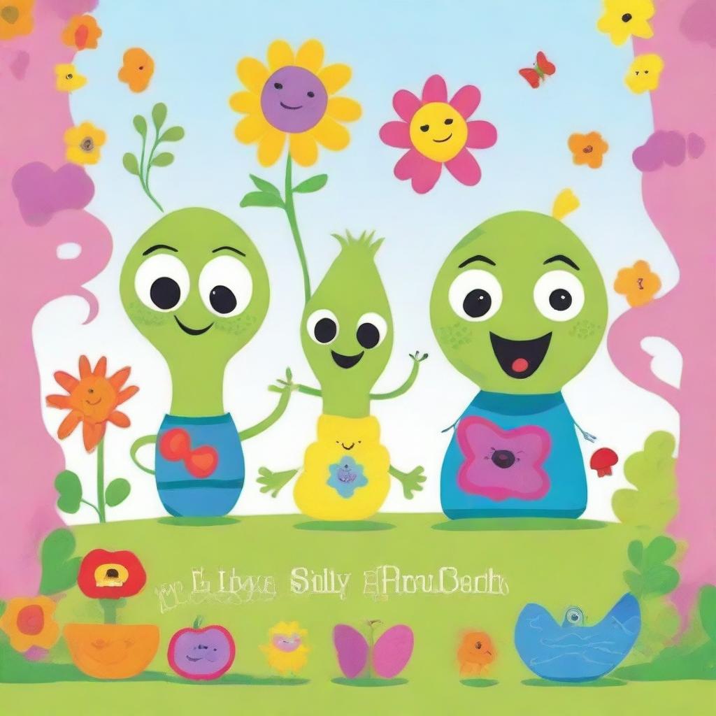 Create a vibrant and whimsical children's book cover featuring Five Silly Garden Sprouts living in a beautiful garden