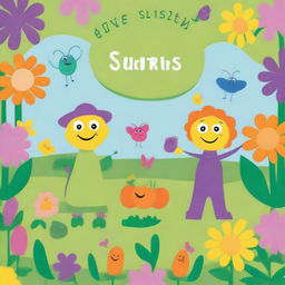 Create a vibrant and whimsical children's book cover featuring Five Silly Garden Sprouts living in a beautiful garden