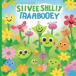 Create a vibrant and whimsical children's book cover featuring Five Silly Garden Sprouts living in a beautiful garden