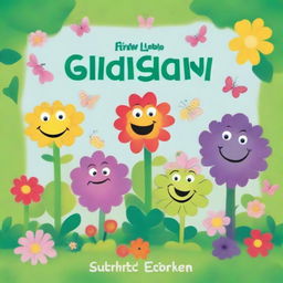 Create a vibrant and whimsical children's book cover featuring Five Silly Garden Sprouts living in a beautiful garden