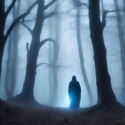 A mystical spirit wandering through a dark forest, searching for a glowing light in the distance