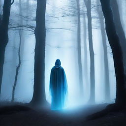 A mystical spirit wandering through a dark forest, searching for a glowing light in the distance