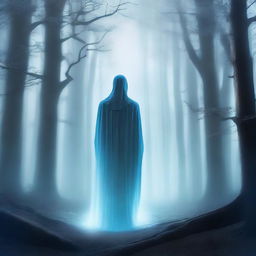 A mystical spirit wandering through a dark forest, searching for a glowing light in the distance