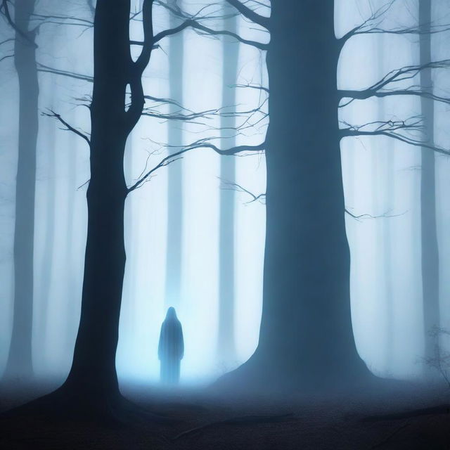 A lonely spirit standing in the middle of a dark and misty forest, gazing at a distant glowing light