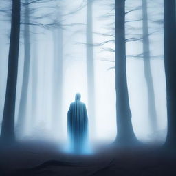 A lonely spirit standing in the middle of a dark and misty forest, gazing at a distant glowing light