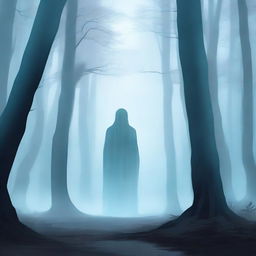 A lonely spirit standing in the middle of a dark and misty forest, gazing at a distant glowing light