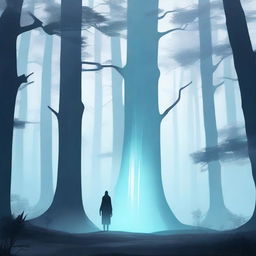 A lonely spirit standing in the middle of a dark and misty forest, gazing at a distant glowing light