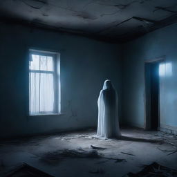 A lonely spirit standing in the middle of a dark, abandoned house, gazing at a distant glowing light