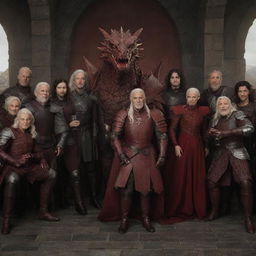 Panoramic scene featuring all generations of the Targaryen family dressed in red armor, each holding a glass of red wine, with the largest dragon ever in the background.