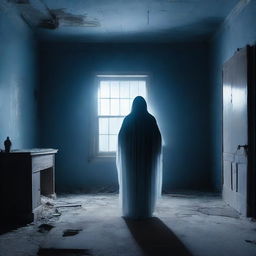 A lonely spirit standing in the middle of a dark, abandoned house, gazing at a distant glowing light