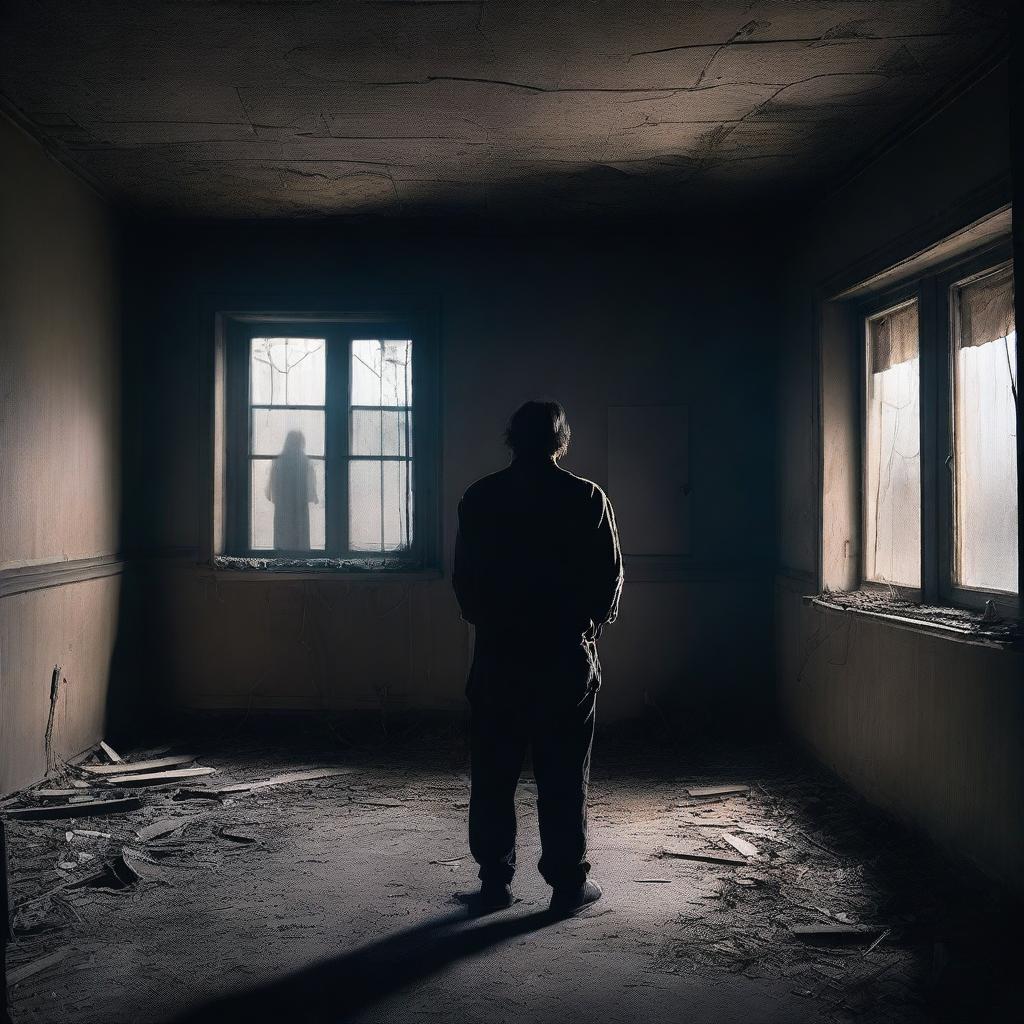 A lonely person standing in the middle of a dark, abandoned house, gazing at a distant glowing light