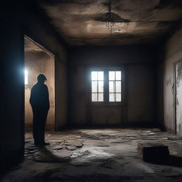 A lonely person standing in the middle of a dark, abandoned house, gazing at a distant glowing light