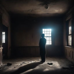 A lonely person standing in the middle of a dark, abandoned house, gazing at a distant glowing light