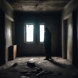 A lonely person standing in the middle of a dark, abandoned house, gazing at a distant glowing light