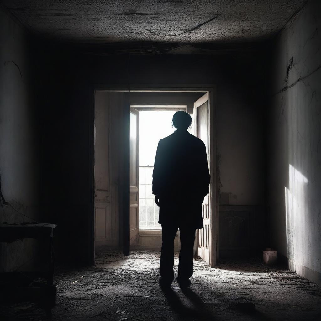 A silhouette of a person standing in the middle of a dark, abandoned house, gazing at a distant glowing light