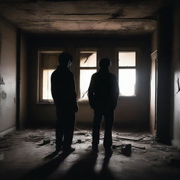 A silhouette of a person standing in the middle of a dark, abandoned house, gazing at a distant glowing light