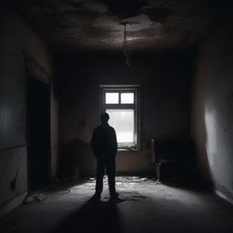 A silhouette of a person standing in the middle of a dark, abandoned house, gazing at a distant glowing light