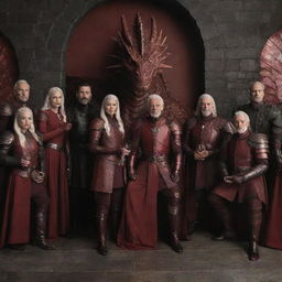 Panoramic scene featuring all generations of the Targaryen family dressed in red armor, each holding a glass of red wine, with the largest dragon ever in the background.