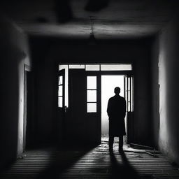 A silhouette of a person standing in the middle of a dark, abandoned house, gazing at a distant glowing light