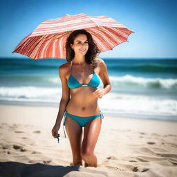 Generar una imagen de una mujer en bikini disfrutando de un día soleado en la playa, con el mar y las olas de fondo, y una sombrilla colorida a un lado