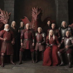 Panoramic scene featuring all generations of the Targaryen family dressed in red armor, each holding a glass of red wine, with the largest dragon ever in the background.