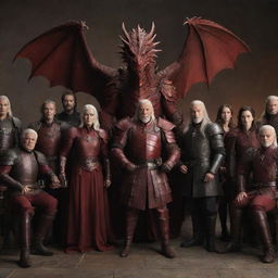 Panoramic scene featuring all generations of the Targaryen family dressed in red armor, each holding a glass of red wine, with the largest dragon ever in the background.