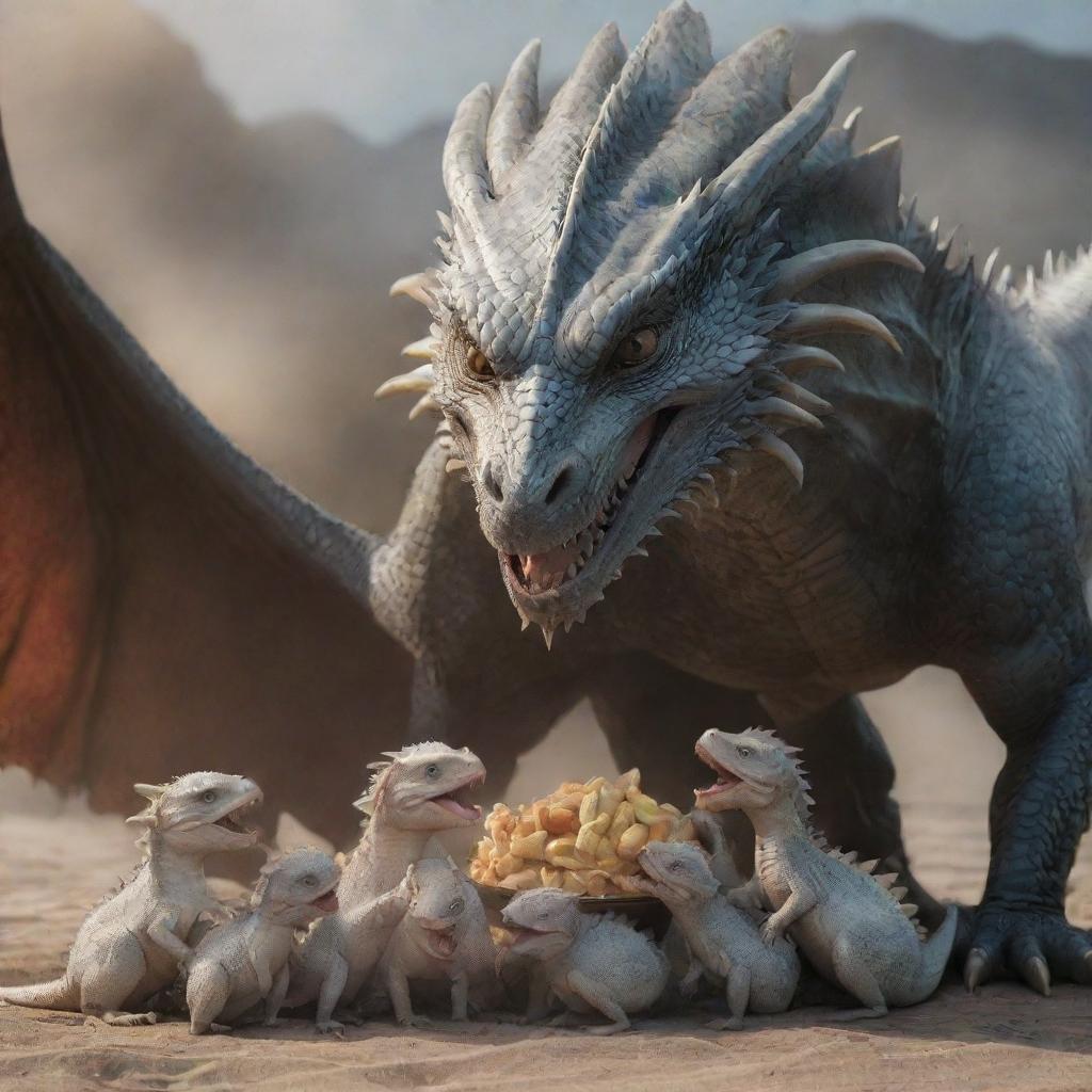 Realistic portrayal of Daenerys Targaryen's dragon feeding its three baby dragons