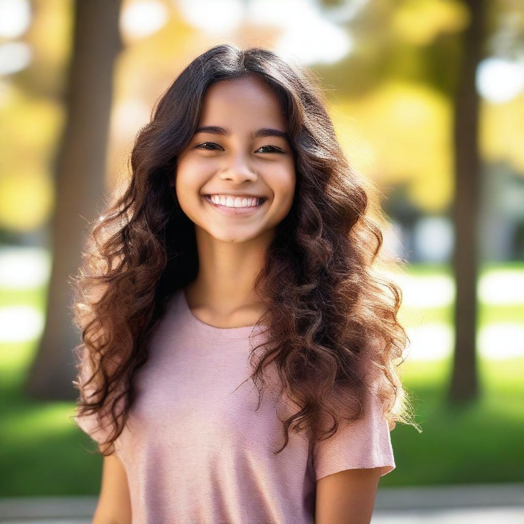 A petite, cute Latina girl with a cheerful expression, wearing casual clothes and standing in a sunny park