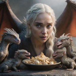 Realistic portrayal of Daenerys Targaryen's dragon feeding its three baby dragons