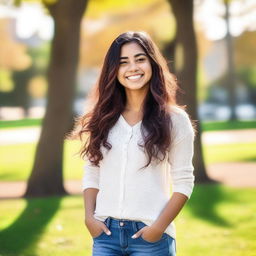 A petite, cute Latina girl with a cheerful expression, wearing casual clothes and standing in a sunny park