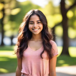 A petite, cute Latina girl with a cheerful expression, wearing casual clothes and standing in a sunny park