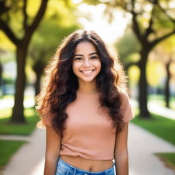 A petite, cute Latina girl with a cheerful expression, wearing casual clothes and standing in a sunny park