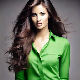 Create an image of a woman with long hair and wearing a green shirt