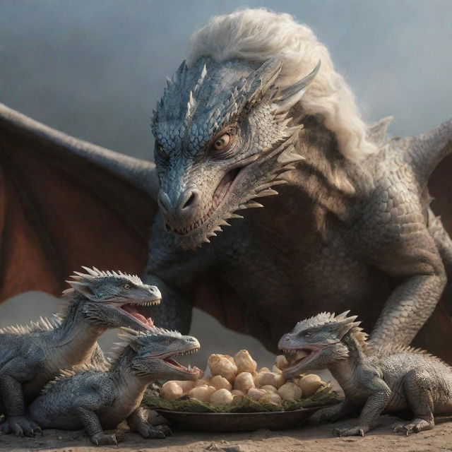 Realistic portrayal of Daenerys Targaryen's dragon feeding its three baby dragons