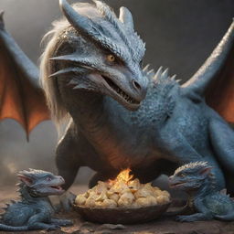 Realistic portrayal of Daenerys Targaryen's dragon feeding its three baby dragons