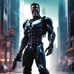 Create a poster featuring the Terminator, showcasing a futuristic, dystopian cityscape in the background