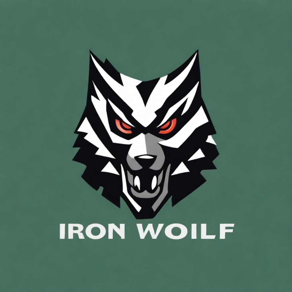 A highly detailed iron wolf head logo with a fierce expression