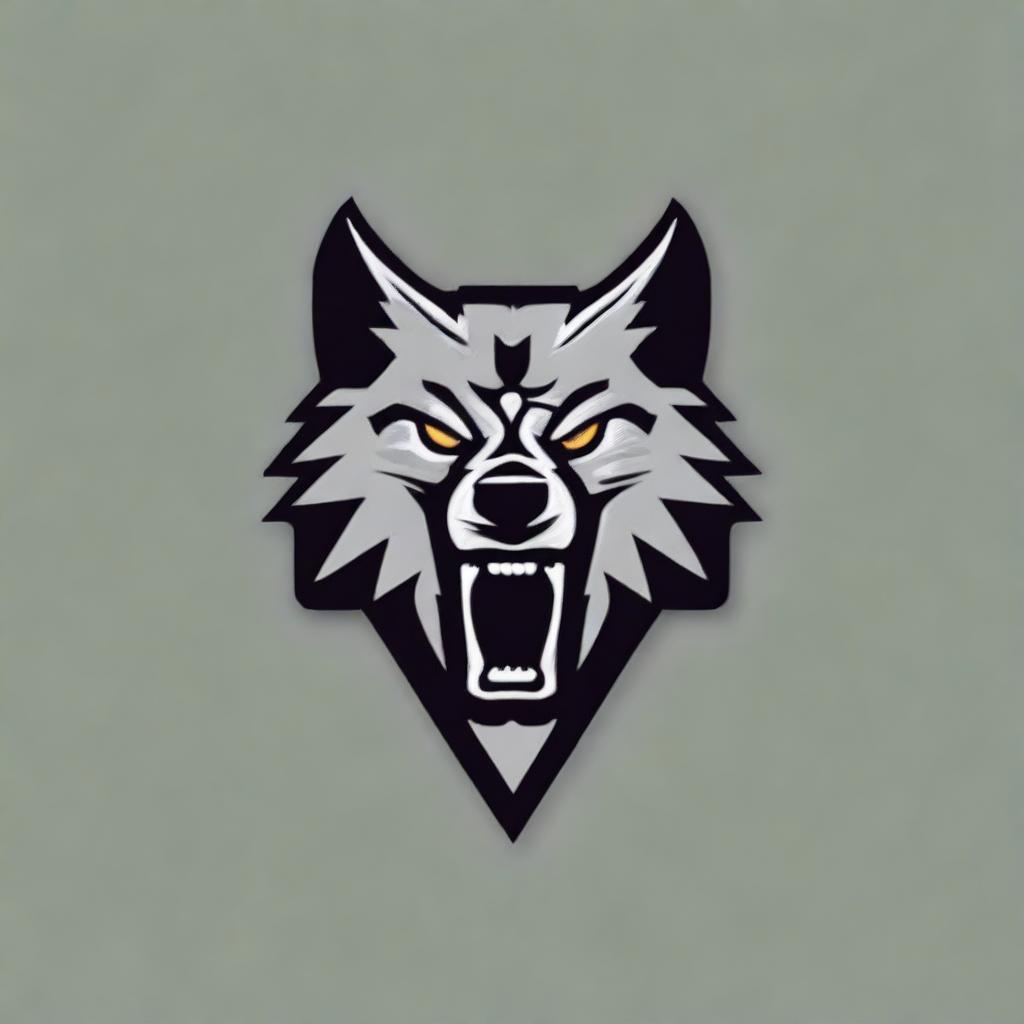 A highly detailed iron wolf head logo with a fierce expression