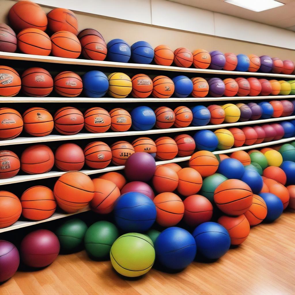 A vibrant store filled with basketballs of various colors and sizes