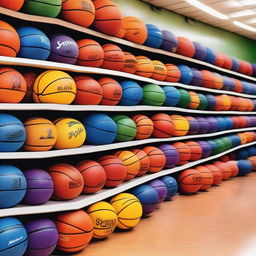 A vibrant store filled with basketballs of various colors and sizes
