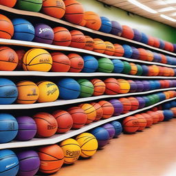 A vibrant store filled with basketballs of various colors and sizes