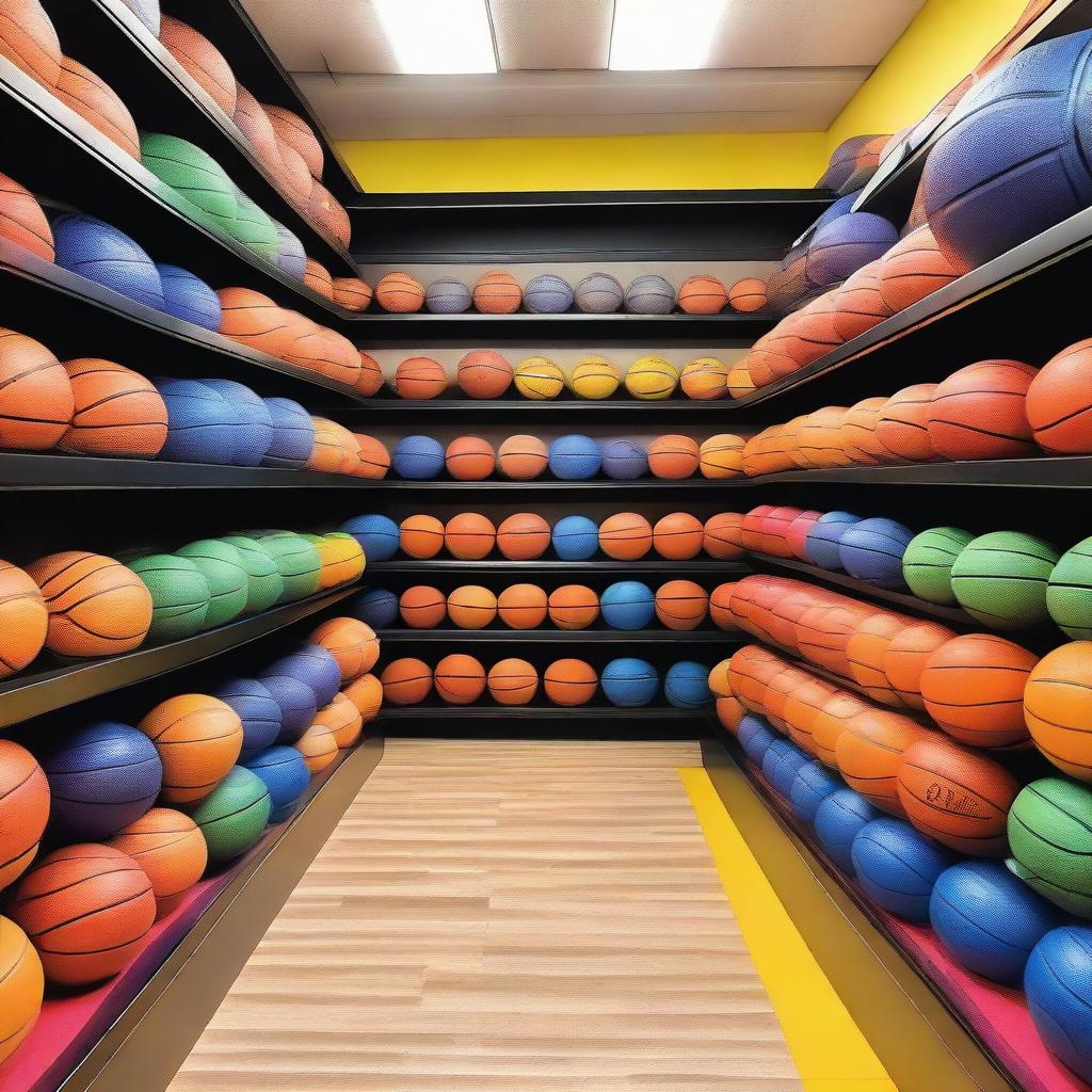 A vibrant store filled with basketballs of various colors and sizes