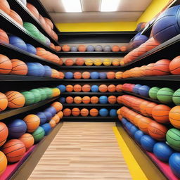 A vibrant store filled with basketballs of various colors and sizes