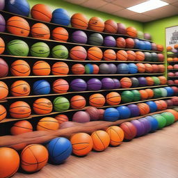 A vibrant store filled with basketballs of various colors and sizes