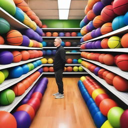 A vibrant store filled with basketballs of various colors and sizes