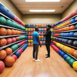 A vibrant store filled with basketballs of various colors and sizes